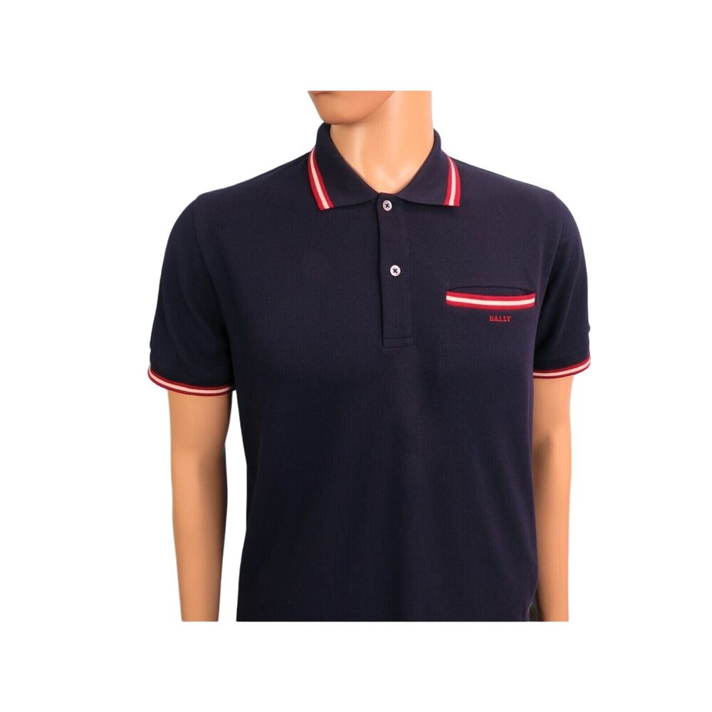 BALLY BLUE COTTON PIQUET WEB COLLAR POCKET BUTTON RED LOGO POLO T SHIRT 54 44